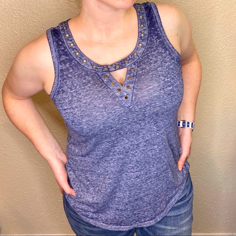 Heathered Blue Eyelet Embellished Cut-out V-neck
